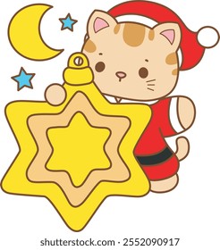 Illustration of cute kitty Christmas icon.
Funny Christmas cat in daily activities elements.
Santa is hugging a yellow stars decoration
