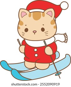 Illustration of cute kitty Christmas icon.
Funny Christmas cat in daily activities elements.
Cat is playing ice skating
