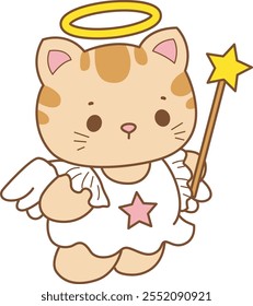 Illustration of cute kitty Christmas icon.
Funny Christmas cat in daily activities elements.
Cat is wearing an angel costume
