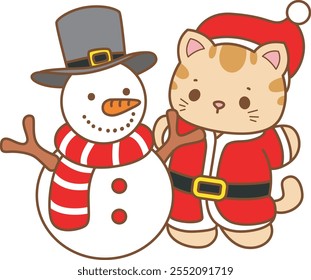 Illustration of cute kitty Christmas icon.
Funny Christmas cat in daily activities elements. Santa cat with snowman
