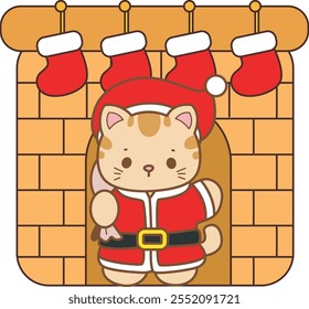 Illustration of cute kitty Christmas icon.
Funny Christmas cat in daily activities elements.
Santa cat is arrvie in the fireplace
