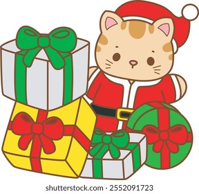 Illustration of cute kitty Christmas icon.
Funny Christmas cat in daily activities elements.
Santa cat with a lot of gift
