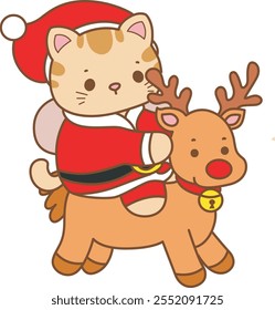 Illustration of cute kitty Christmas icon.
Funny Christmas cat in daily activities elements.
Santa cat is riding a reindeer
