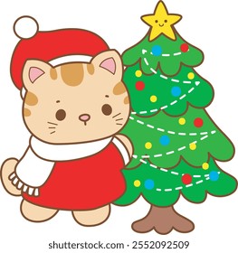 Illustration of cute kitty Christmas icon.
Funny Christmas cat in daily activities elements.
Santa cat hugging a christmas tree
