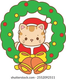 Illustration of cute kitty Christmas icon.
Funny Christmas cat in daily activities elements.
Santa cat in the middle of christmas decoration
