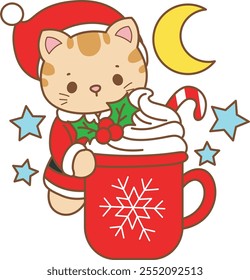 Illustration of cute kitty Christmas icon.
Funny Christmas cat in daily activities elements.
Santa cat with hot chocolate
