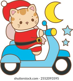 Illustration of cute kitty Christmas icon.
Funny Christmas cat in daily activities elements.
Santa cat is driving a motorbike
