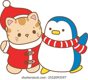 Illustration of cute kitty Christmas icon.
Funny Christmas cat in daily activities elements.
Santa cat with cute penguin
