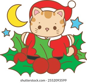 Illustration of cute kitty Christmas icon.
Funny Christmas cat in daily activities elements.
Santa cat in the middle of plants and cherry
