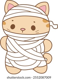 Illustration of cute kitty halloween icon.
Funny halloween cat in daily activities elements.
Cat is wearing a mummy costume
