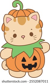 Ilustración del icono lindo del gatito de halloween.
Gato divertido de halloween en los Elementos de actividades diarias.
El gato está usando un disfraz de calabaza aterrador para Halloween
