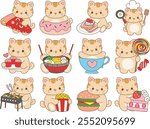 Illustration of cute kitty icon.
Funny cat in daily activities elements.
Variation of snack and food with cat characters