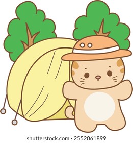 Illustration of cute kitty icon.
Funny cat in daily activities elements.
Cat was camping in the forest