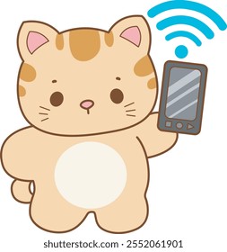 Illustration of cute kitty icon.
Funny cat in daily activities elements.
Cat is find the signal internet in the phone