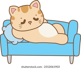 Illustration of cute kitty icon.
Funny cat in daily activities elements.
Cat is lay in the couch