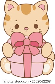 Illustration of cute kitty icon.
Funny cat in daily activities elements.
Cat bring a pink gift