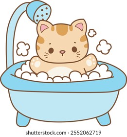 Illustration of cute kitty icon.
Funny cat in daily activities elements.
Cat is take a bath in the bathub