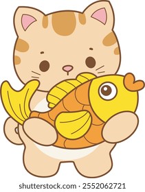 Illustration of cute kitty icon.
Funny cat in daily activities elements.
Cat is bring a gold fish