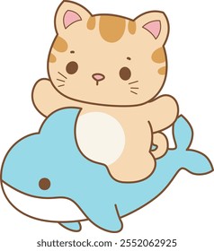 Illustration of cute kitty icon.
Funny cat in daily activities elements.
Cat is riding a shark