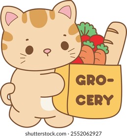 Illustration of cute kitty icon.
Funny cat in daily activities elements.
Cat is bring a grocery bag