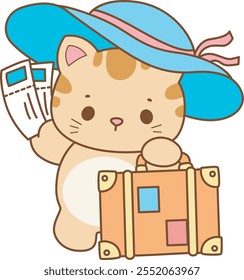 Illustration of cute kitty icon.
Funny cat in daily activities elements.
Cat is bring a ticket plane and travelling bag