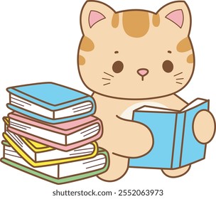 Illustration of cute kitty icon.
Funny cat in daily activities elements.
Cat is reading a book in the library