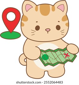 Illustration of cute kitty icon.
Funny cat in daily activities elements.
Cat is finding a location in the map