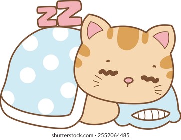 Illustration of cute kitty icon.
Funny cat in daily activities elements.
Cat is sleeping with pillow and blanket