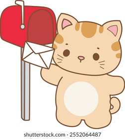 Illustration of cute kitty icon.
Funny cat in daily activities elements.
Cat is sending a message by mail box