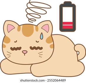 Illustration of cute kitty icon.
Funny cat in daily activities elements.
Cat is low battery or energy