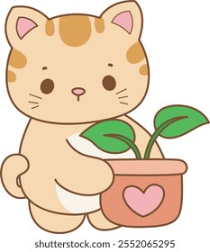 Illustration of cute kitty icon.
Funny cat in daily activities elements.
Cat bring a plant in the pot