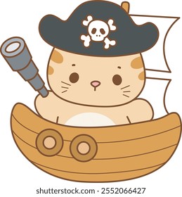 Ilustración del icono lindo del gatito.
Gato divertido en Elementos de actividades diarias.
Cat trae un telescopio y lleva un sombrero de piratas