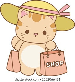 Illustration of cute kitty icon.
Funny cat in daily activities elements.
Cat bring a shopping bag