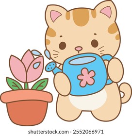 Illustration of cute kitty icon.
Funny cat in daily activities elements.
Cat is watering a plant