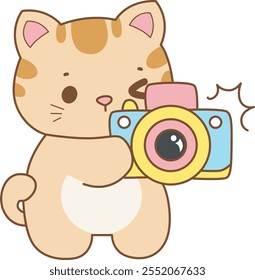 Illustration of cute kitty icon.
Funny cat in daily activities elements.
Cat is bring a camera