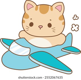 Illustration of cute kitty icon.
Funny cat in daily activities elements.
Cat is driving a plane