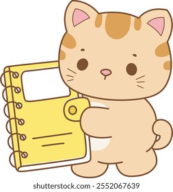 Illustration of cute kitty icon.
Funny cat in daily activities elements.
Cat is bring a yellow notes