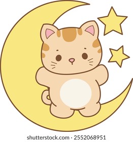 Illustration of cute kitty icon.
Funny cat in daily activities elements.
Cat is stand up in the moon