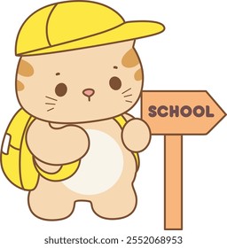 Illustration of cute kitty icon.
Funny cat in daily activities elements.
Cat is going to school