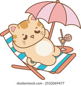 Illustration of cute kitty icon.
Funny cat in daily activities elements.
Cat is enjoy the beach