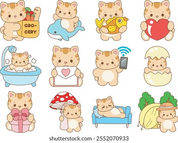 Illustration of cute kitty icon.
Funny cat in daily activities elements.
Daily life of cat character