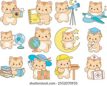 Illustration of cute kitty icon.
Funny cat in daily activities elements.
Smart cat and variation of activity