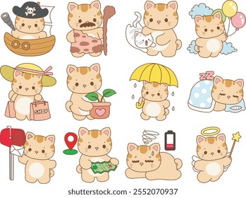 Illustration of cute kitty icon.
Funny cat in daily activities elements.
Cute cat with variation of reminder stickers