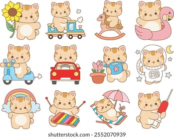 Illustration of cute kitty icon.
Funny cat in daily activities elements.
Cat with variation of transportation and playground