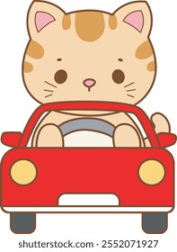 Illustration of cute kitty icon.
Funny cat in daily activities elements.
Cat is riding a car