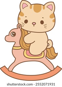 Illustration of cute kitty icon.
Funny cat in daily activities elements.
Cat is playing a rocky horse