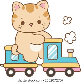 Illustration of cute kitty icon.
Funny cat in daily activities elements.
Cat is riding a train