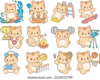 Illustration of cute kitty icon.
Funny cat in daily activities elements.
Cat with variation of sport and exercise