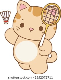 Illustration of cute kitty icon.
Funny cat in daily activities elements.
Cat is playing a badminton