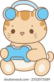 Illustration of cute kitty icon.
Funny cat in daily activities elements.
Cat is playing a video game